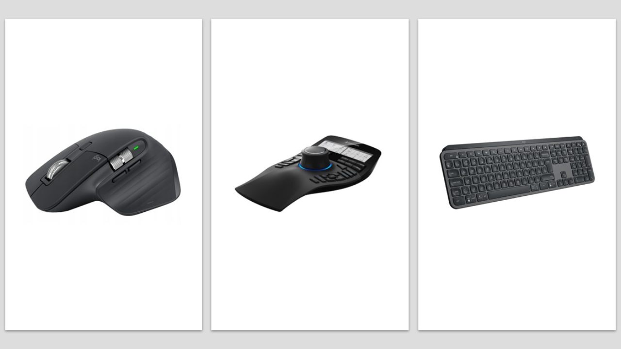 Trzy peryferia konstruktora: mysz Logitech MX Master 3S, mysz 3D 3Dconnexion SpaceMouse Enterprise i klawiatura Logitech MX Keys.