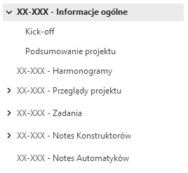 Lista sekcji w OneNote: informacje ogólne, kick-off, podsumowanie projektu, harmonogramy, przeglądy projektu, zadania oraz notesy konstruktorów i automatyków.