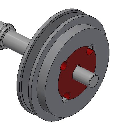 Model CAD koła pasowego z czerwoną tuleją Taper Lock osadzoną w piaście.