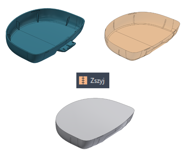 Model CAD pokazujący utworzenie odbicia wewnętrznej części detalu oraz osobną bryłę po operacji zszywania powierzchni.