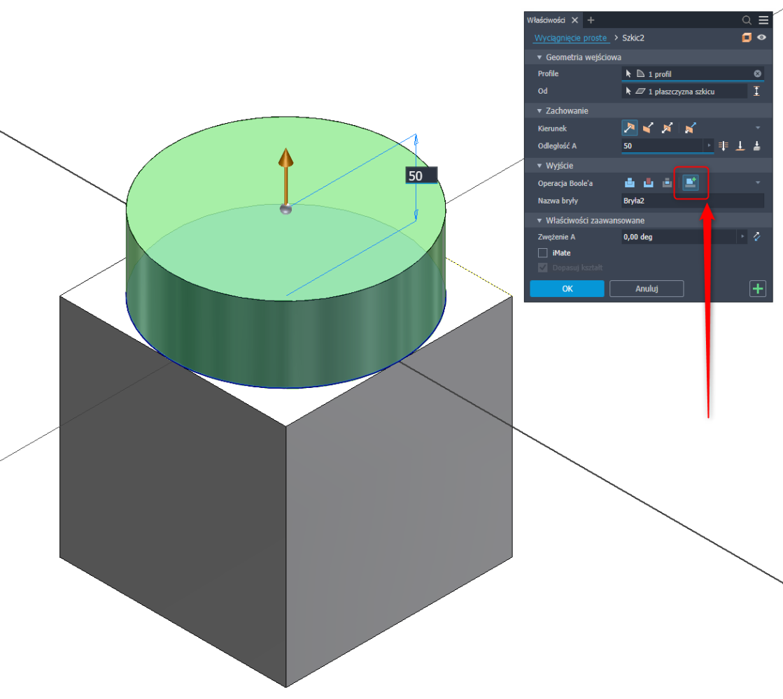 Zrzut z Autodesk Inventor pokazujący opcję tworzenia nowej bryły podczas wyciągnięcia elementu w środowisku części.