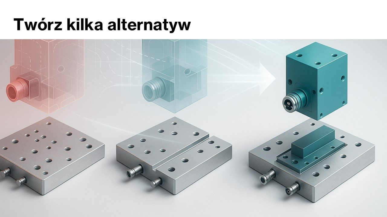 Trzy warianty koncepcji modułu maszyny pokazane jako coraz bardziej dopracowane modele 3D.