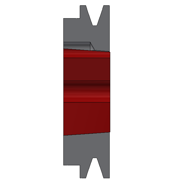 Przekrój modelu CAD pokazujący stożkową tuleję Taper Lock zaciskaną w kole pasowym.
