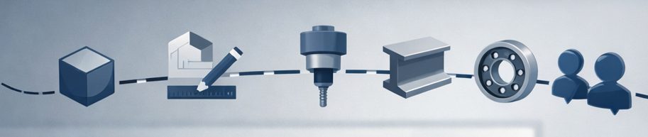Pasek ikon pokazujący obszary rozwoju konstruktora: modelowanie CAD, obróbkę, napędy, elementy maszyn i komunikację zespołową.