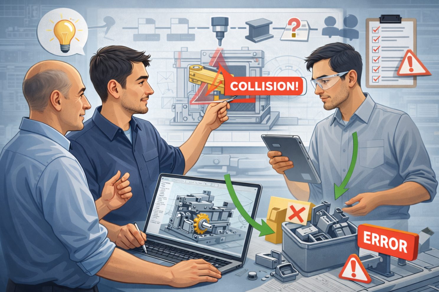 Ilustracja konstruktorów analizujących model CAD z oznaczeniami błędów, kolizji i ostrzeżeń przed uruchomieniem produkcji.