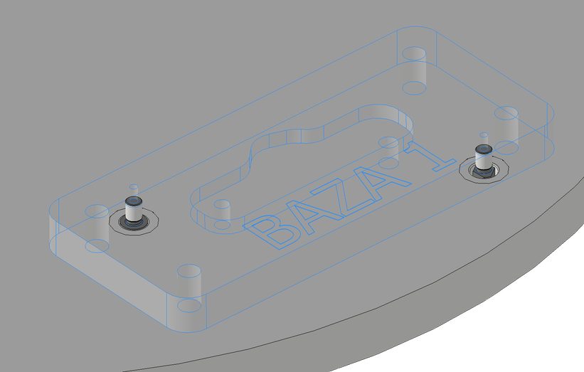 Model CAD bazy z opisem BAZA 1, z widocznymi dwoma kołkami ustalającymi w tulejach, widok z przezroczystą częścią górną.