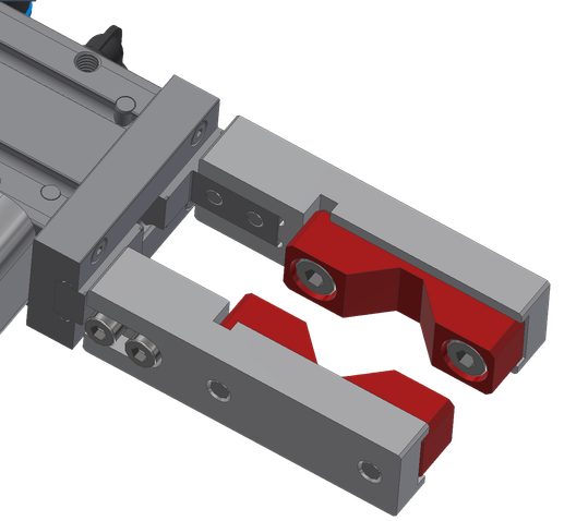 Pozycjonowanie kształtowe łapek chwytaka: model CAD chwytaka z czerwonymi łapkami osadzonymi w wybraniach szczęk.