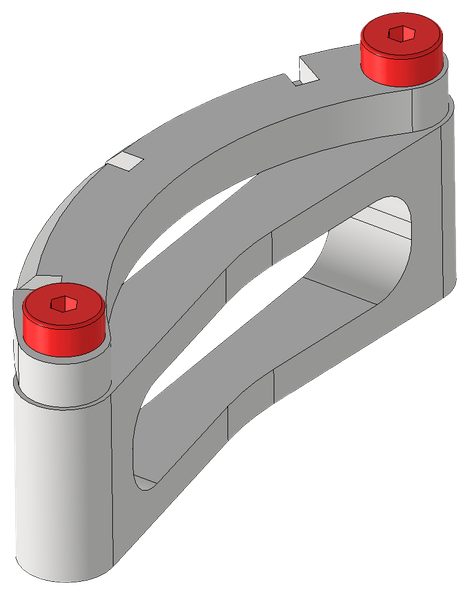 Model CAD uchwytu z dwiema śrubami pasowanymi oznaczonymi na czerwono w górnej i dolnej części detalu.