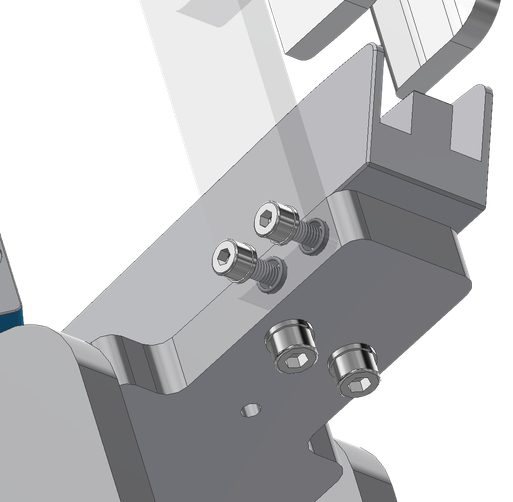 Zbliżenie modelu CAD na dwie śruby i dwie tuleje pozycjonujące w płycie montażowej.