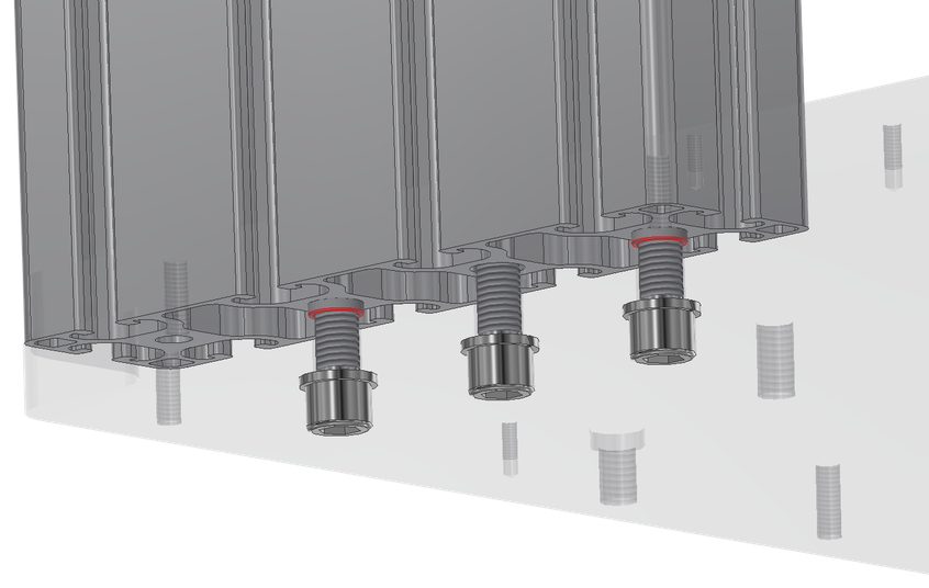 Model CAD profili aluminiowych ustalonych na płycie za pomocą tulei pozycjonujących z czerwono oznaczonym kołnierzem.