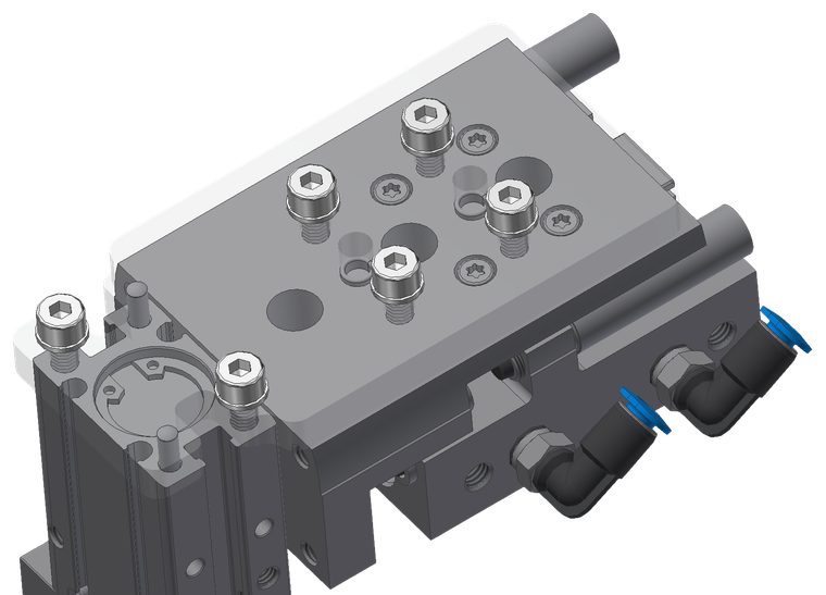 Model CAD modułu z siłownikiem FESTO i płytą przykręconą śrubami, z widocznymi miejscami pod tuleje pozycjonujące.
