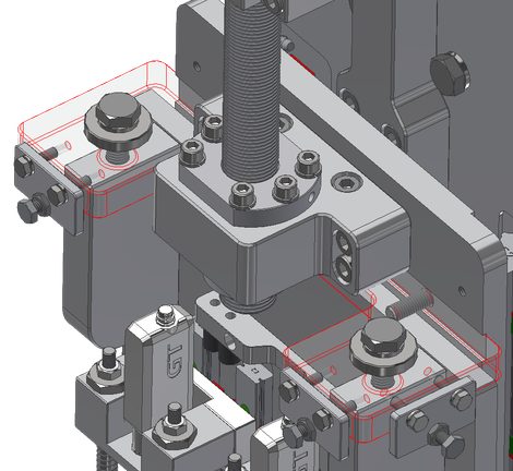 Model CAD węzła ze zderzakami, z czerwono obrysowanym zakresem nastawy elementu.